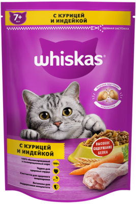Подушечки Whiskas® для кошек старше 7 лет с паштетом. Аппетитное ассорти с мясом птицы.